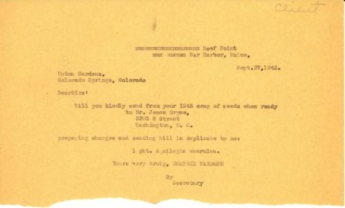 Order from Beatrix Farrand to Upton Gardens, September 27, 1943