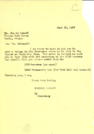 Order modification request to Oregon Bulb Farms from Beatrix Farrand, June 27, 1947