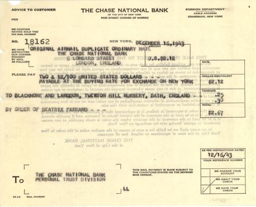 Receipt from Chase National Bank of the City of New York to Beatrix Farrand, December 16, 1943