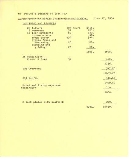 Mr. Freund's summary of cost for alterations of R Street entrance gates, June 17, 1954