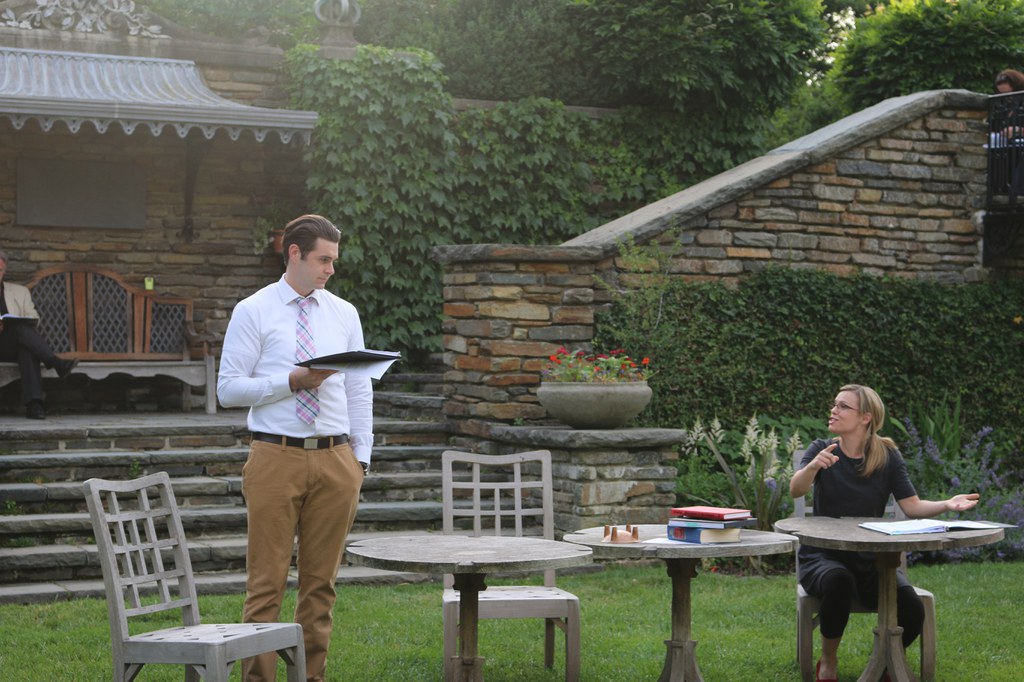 Local actors Thomas Keegan as Septimus and Erin Weaver as Thomasina read a scene in the Fountain Terrace.