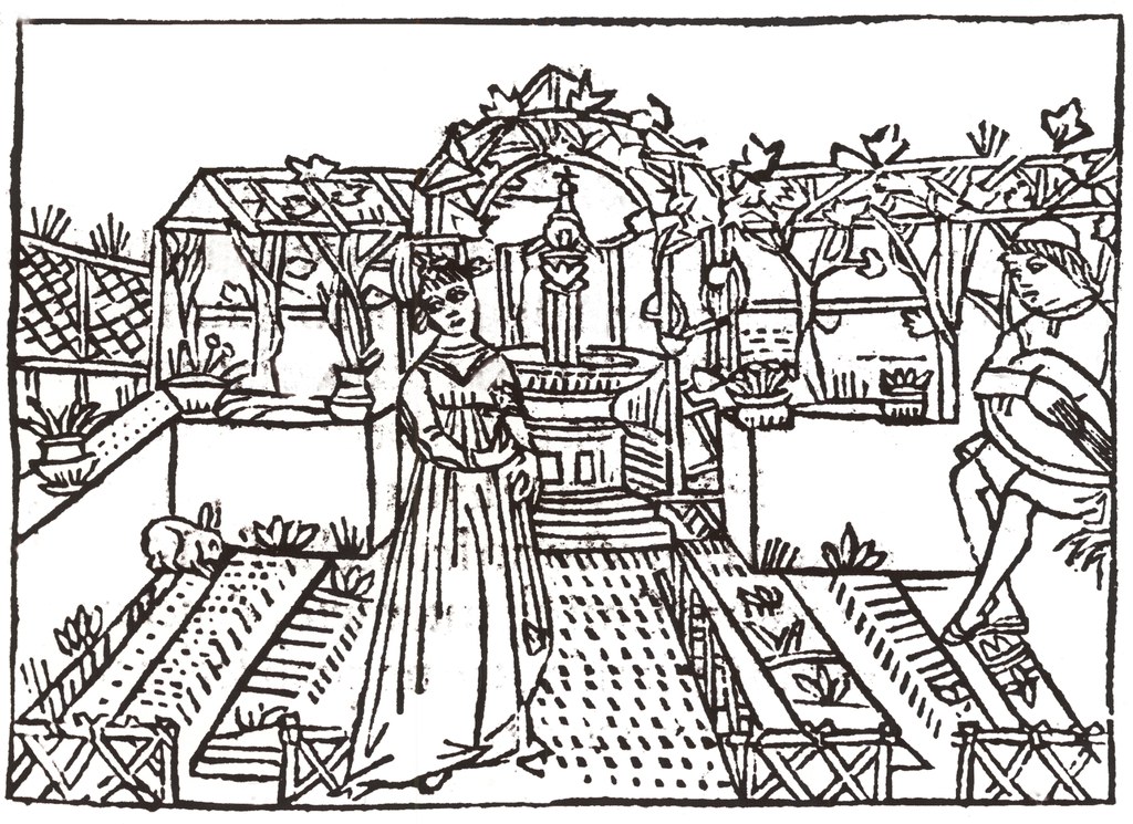 Figure 10. Woodcut text depicting a young woman in front of an arbour; from Pietro de’ Crescenzi, “Il libro della agricultura” (Venice, 1495).