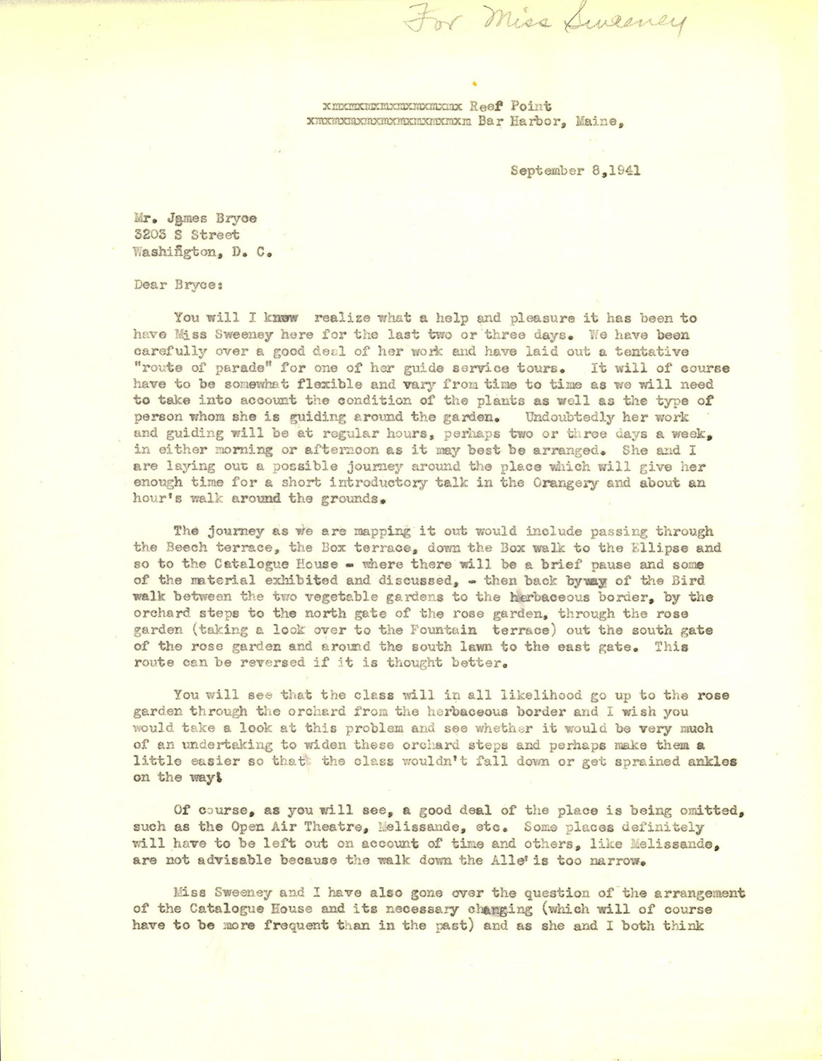 September 1941 letter from Beatrix Farrand to James Bryce