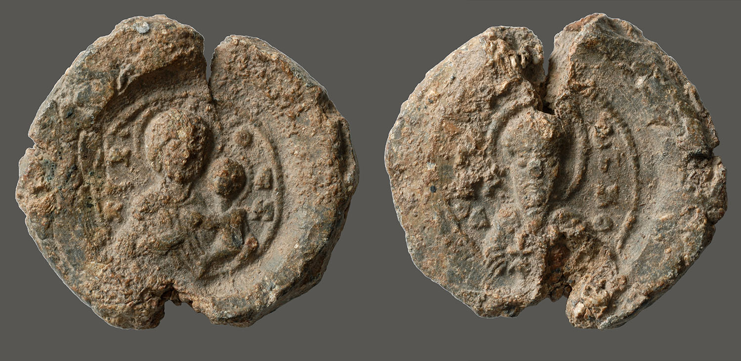 Lead seal depicting the Virgin Kalamiotissa and Saint Gerasimos