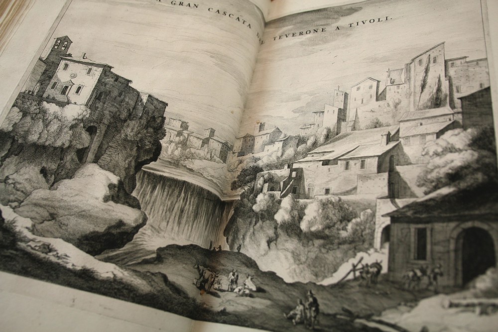 This print, from the first volume on the Papal States, depicts the waterfalls of Tivoli. Though most of the books’ text is in Latin, this illustration is titled in Italian.