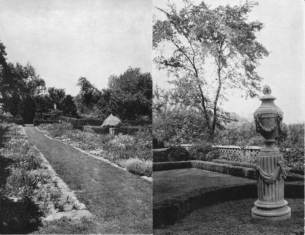 Two early postcards depicting the Herbaceous Border and Urn Terrace at Dumbarton Oaks.