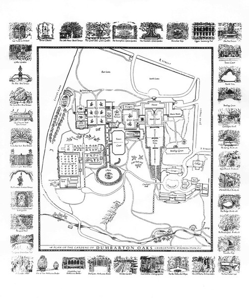 Map of Dumbarton Oaks surrounded by vignetters from the Gardens