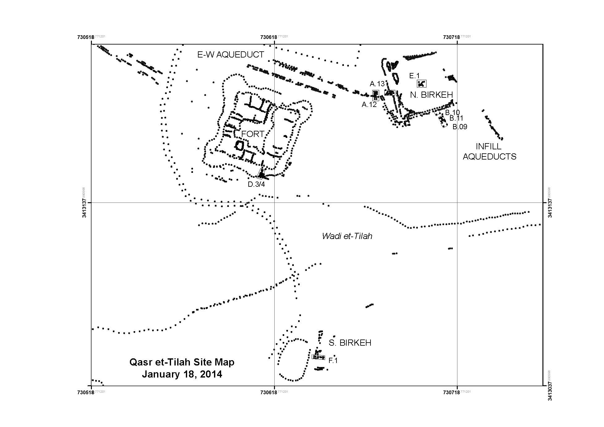 Fig. 1: Plan map of the Qasr Tilah archaeological site south of the Dead Sea in Jordan (Niemi 2013–2014)
