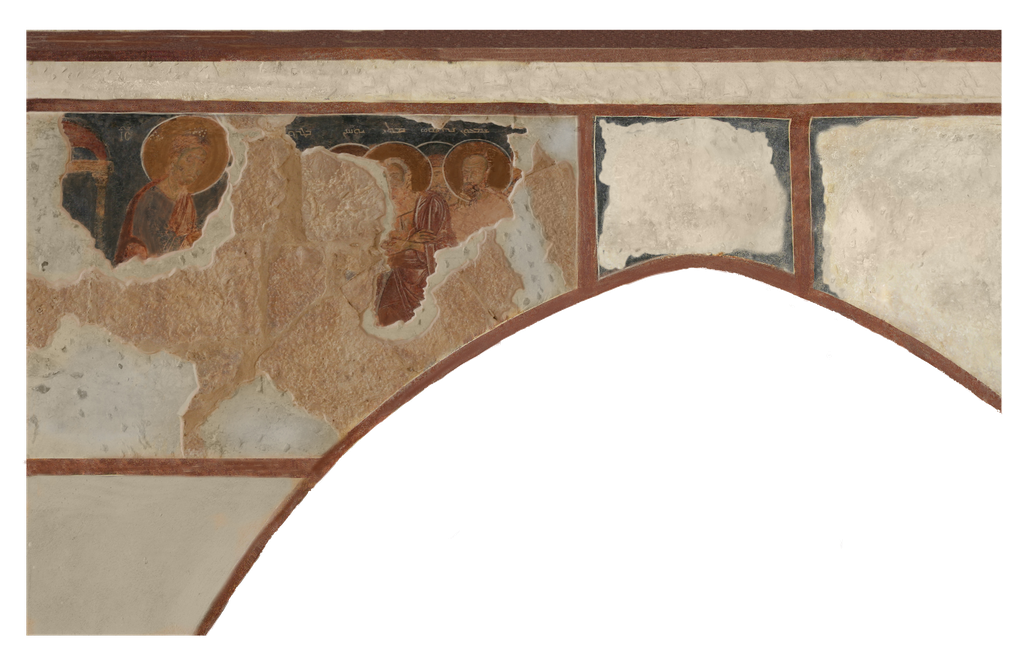 Fig. 7: Communion of the Apostles on the north wall of the central nave and fragmentary Arabic inscription above the cornice: proposal of partial reconstruction.