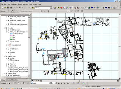 Fig. 8: Screenshot of GIS during digitization of features in the area east of the church, following the work of the 2009 season (T. Sandiford and M. Jackson).