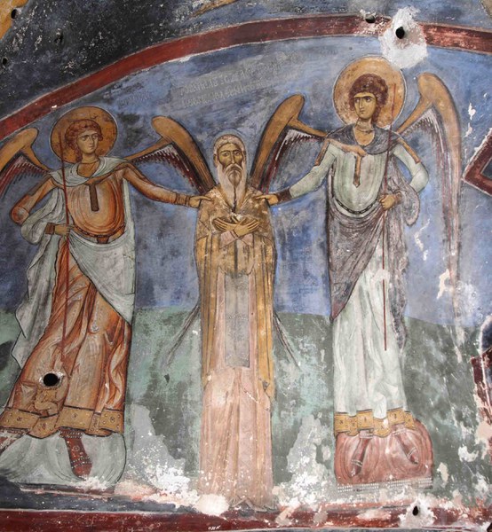 Fig. 2: Depiction of St. Neophytos flaked by the archangels Michael and Gabriel, who hold him by the shoulders (Bema).
