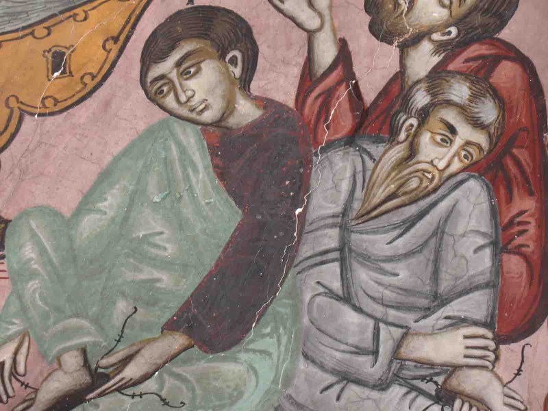 Fig. 13: Image of the scene “washing of the feet” (Naos, west wall), showing an extensive area of red alteration on the robe of the apostle to the left.