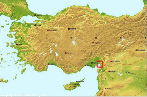 Fig. 1: Map of Turkey and Eastern Mediterranean with the Bay of İskenderun region highlighted in red.