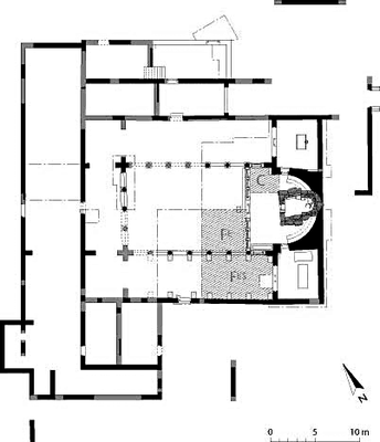 Fig. 1: Plan of the church in its last phase (reconstructions in grey), with the later chapel in the apse and (hatched) areas explored in 2007.