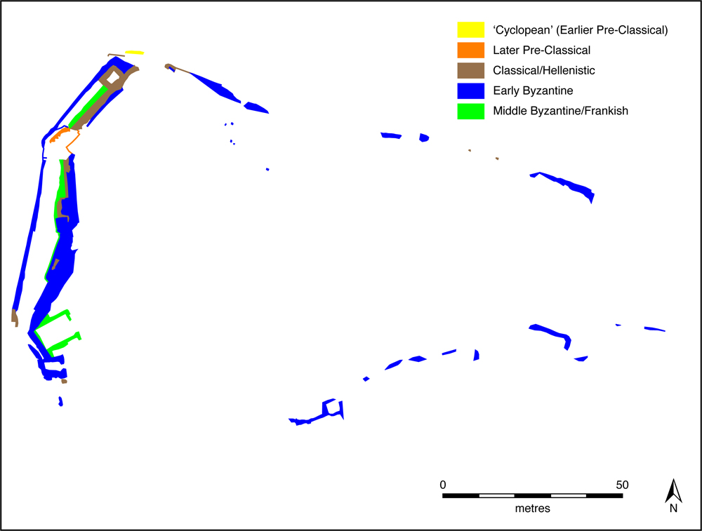 Fig. 1: Thisve/Kastorion, phases of the upper acropolis (Dunn 2012–2013)
