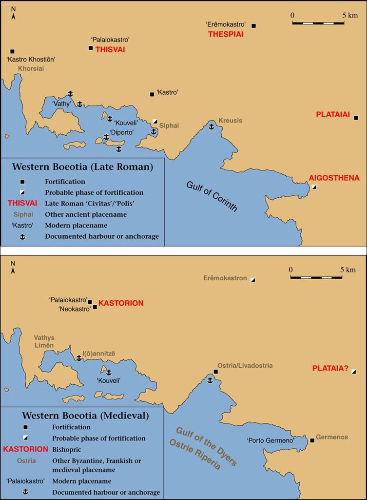 Fig. 2: Western Boeotia. Reported late Roman fortifications and loci of maritime traffic (top). Reported Byzantine and Frankish fortifications and loci of maritime traffic (bottom).