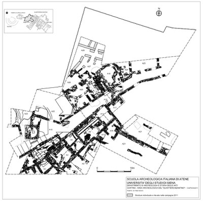 Fig. 1: General map of the early Byzantine district (in gray, the structures excavated in 2011 season).