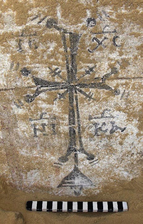Fig. 8: Cross on eastern face of west wall in Room 3, facing west (Davis et al. 2006–2007)