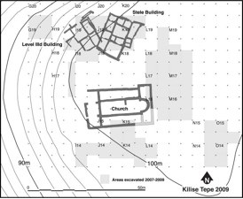 Fig. 2: Plan of excavation areas at Kilise Tepe, 2007–2009 (drafted by C. Colantoni). The areas investigated by the Byzantine teams lie directly to the east and south of the church and in areas N and O to the southeast.