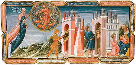 Paradiso 6, Aeneas carries imperial standard through gate of Rome, Constantine carries it through gate of Constantinople, Justinian kneels before Pope Agapitus.