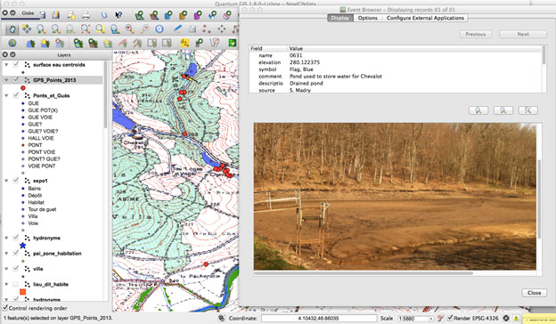 Fig. 2: A view of our project GIS, using the QGIS software. At right is the eVis GPS ground photo and data of a recently drained pond dating back at least to 1834. In the GIS image at center top you can see the location of the pond as a yellow dot.