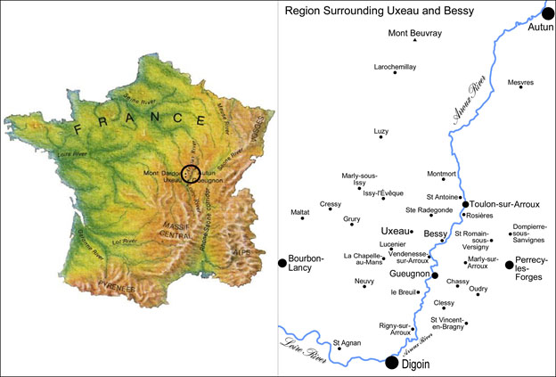Fig. 1: Research area in Southern Burgundy, France. This research was done in and around the commune of Uxeau, shown at right.