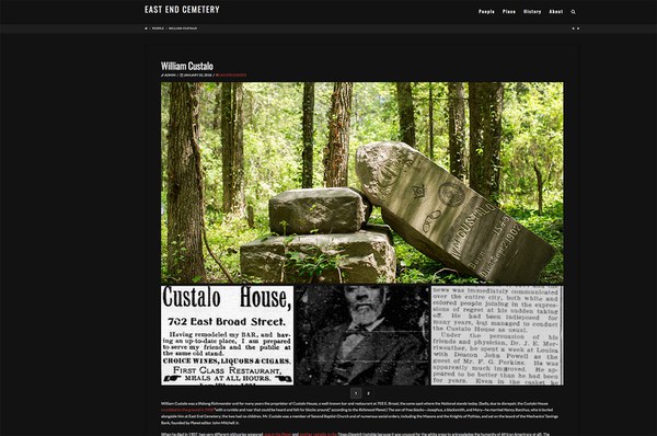 Screenshot from eastendcemeteryrva.com of the page for William Custalo (1845–1907), a man born free who became a prominent restaurateur, bank officer, and civic leader in Richmond, VA