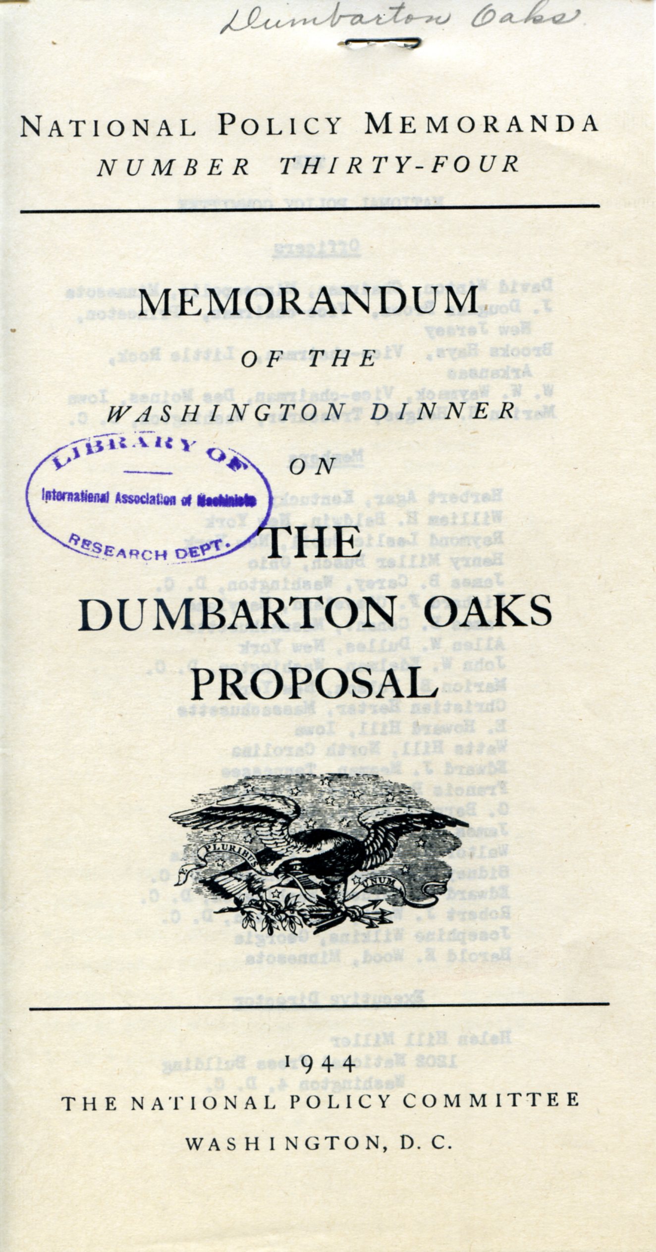 Memorandum of the Washington Dinner on The Dumbarton Oaks Proposal