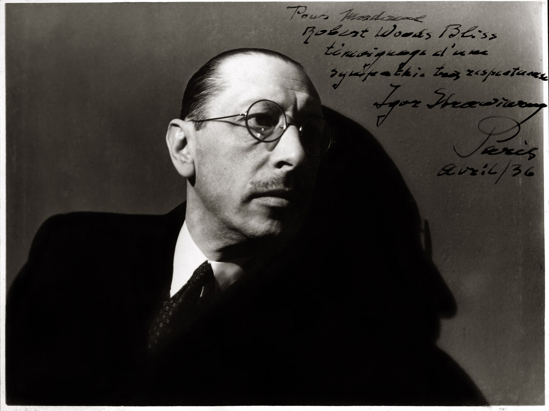 Igor Stravinsky, photograph by , ca. 1936. Inscribed: Pour Madame Robert Woods Bliss témoignage d'une sympathie très respectueux Igor Stravinsky Paris Avril / 36.