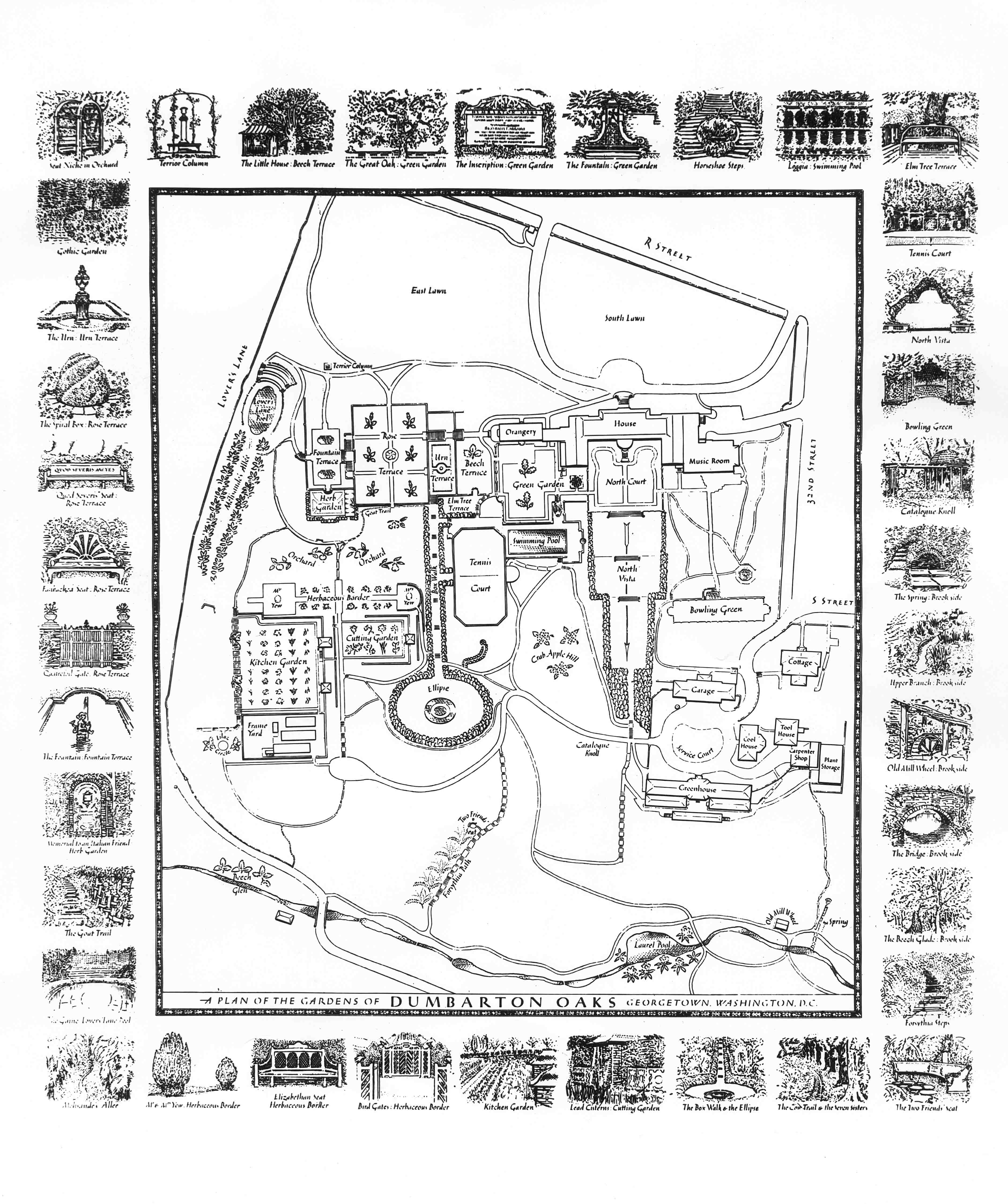 Rudolph Ruzicka plan and vignettes of the Gardens of Dumbarton Oaks, 1935. Dumbarton Oaks Archives, AR.AP.GG.SP.015.
