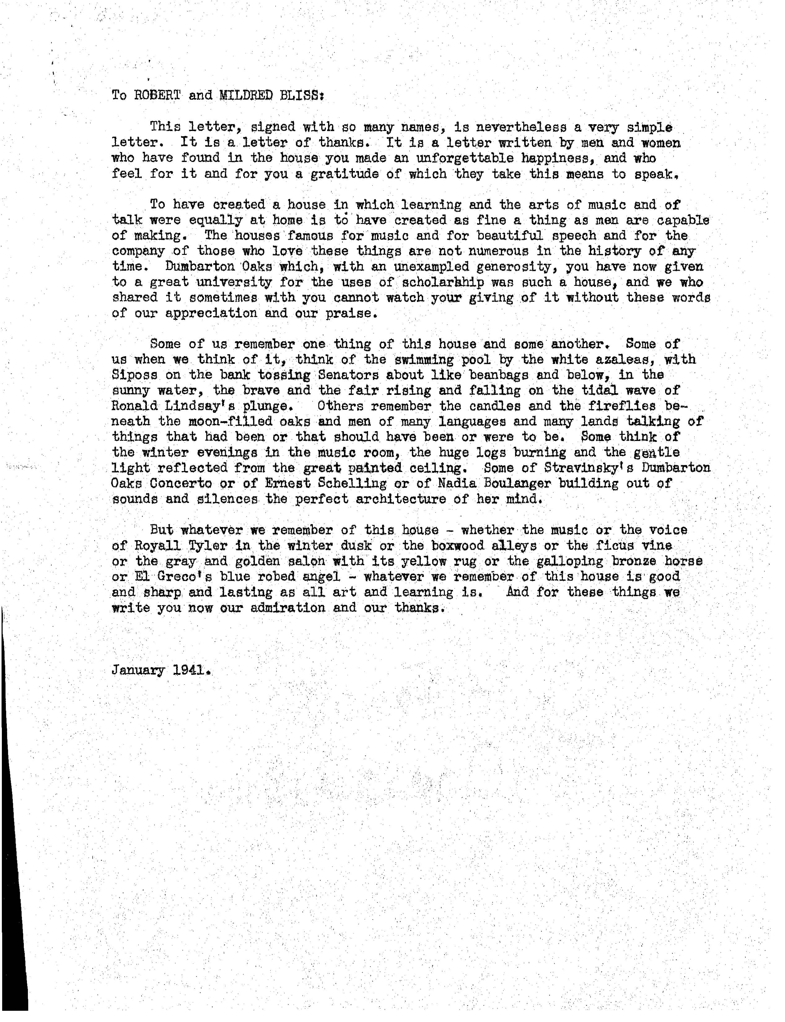 Letter from Bellinger to Blisses, Jan. 1941 