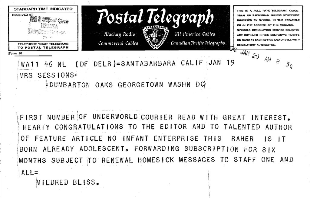 Telegraph from Mildred Bliss to Courier Staff, January 1941