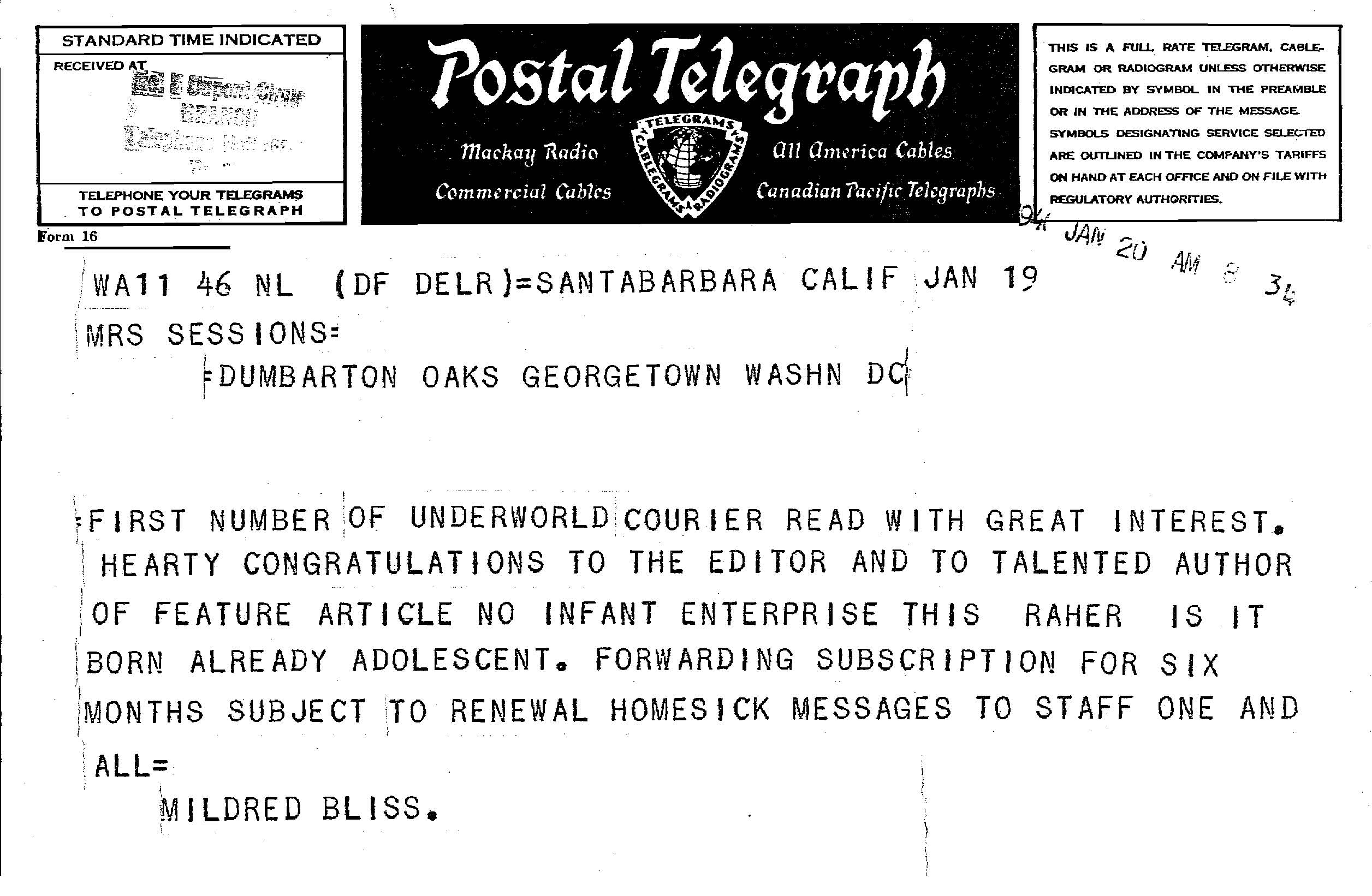 Jan. 20, 1941 Telegraph