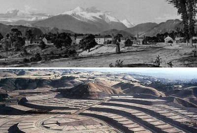 Top: David Johnson, “White Mountains from Conway, NH,” 1851 (MFA Boston); Bottom: Housing development outside Los Angeles, 1996 (from Treatises: Taking Measures across the American Landscape by James Corner.  Photo by Alex Maclean)