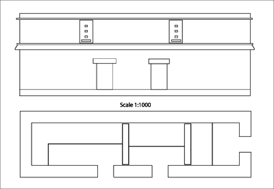 Fig. 4: Elevation of vaulted Structure D3-1, Group A, Tecolote, and plan showing the location of the interior walls and benches. (by A. R. Muñoz and A. Scherer).