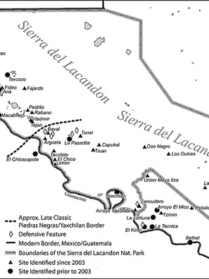 Fig. 1: Study area, showing archaeological sites along the Usumacinta River in the Sierra del Lacandón National Park, Guatemala.