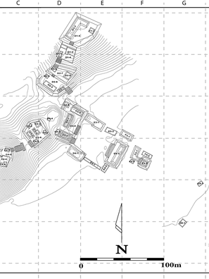 Fig. 2: Map of Tecolote as of 2004. Large areas of settlement and monumental architecture have been identified but not yet included on this map. Str. D3-1 is located atop the platform at the northwest of the formal patio in the center of the map (map produced by Matthew Liebmann).