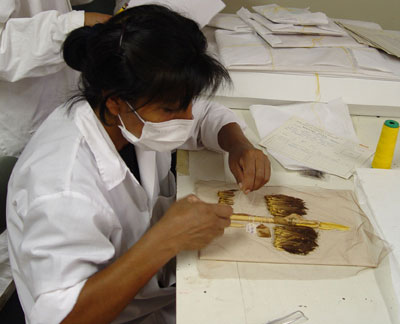 Fig. 9: Rosalia Choque completes the analytical display of her reconstruction of the original form of a feathered hair ornament (Peters 2005–2006)
