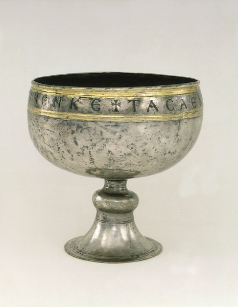 Sixth-century silver chalice with Greek inscription around rim