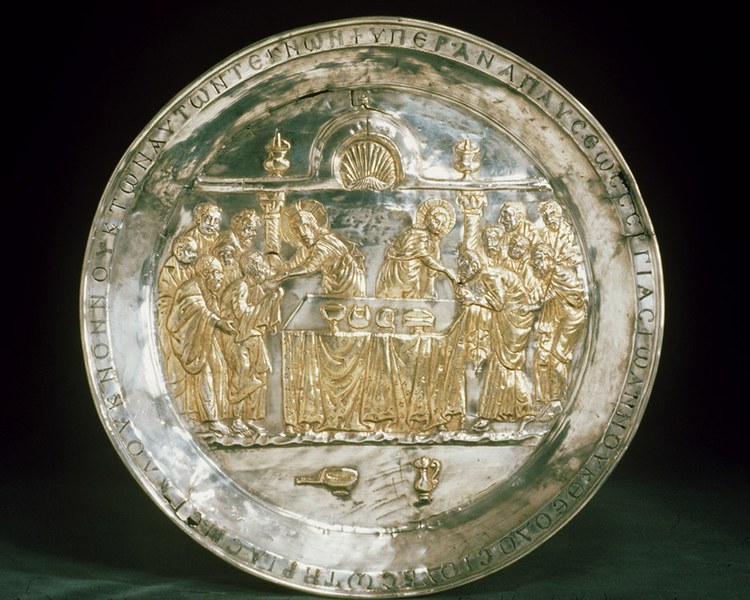 Sixth-century silver paten depicting Christ and the apostles