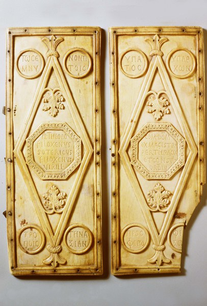 Ivory diptych with geometric and plant motifs and Latin inscriptions