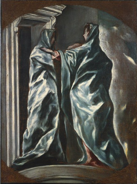 Painting of Visitation by El Greco with two figures wearing cloaks before a doorway