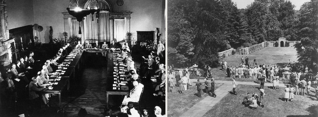 Two photographs of attendees at the Dumbarton Oaks Conversations, a session in the Music Room pictured at left and the attendees preparing for a photograph on the North Vista at right