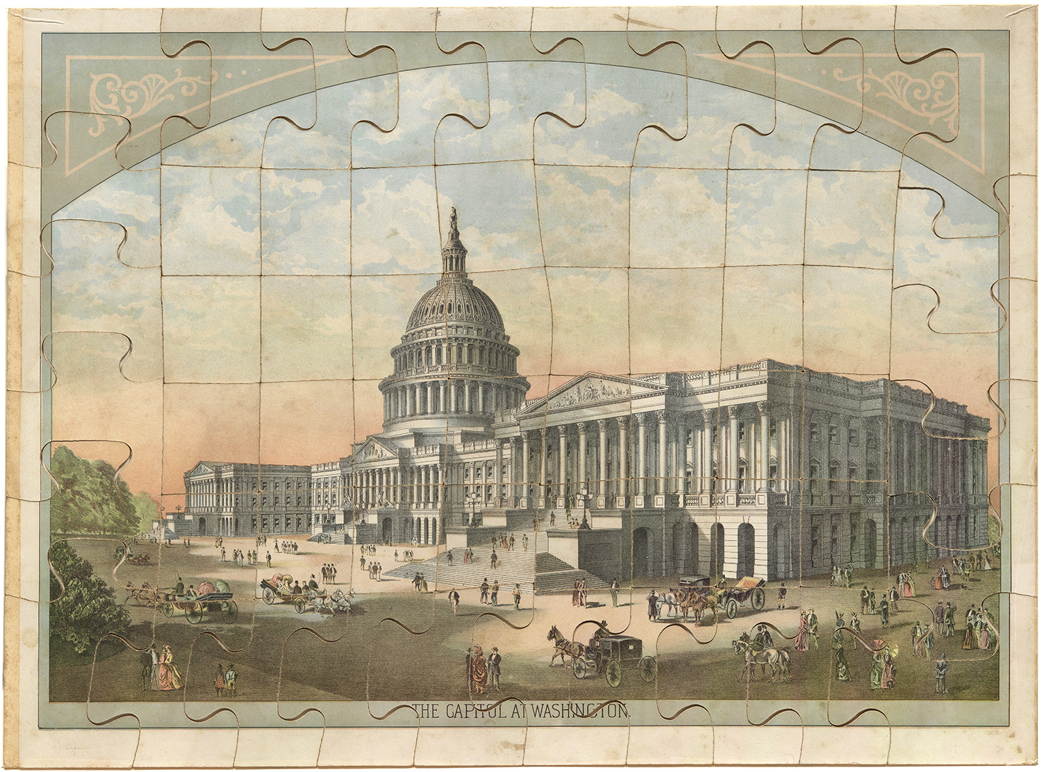 An 1888 jigsaw puzzle featuring a colored lithograph of the U.S. Capitol. The Albert H. Small Washingtoniana Collection, AS 632-A, The George Washington University Museum, Washington, D.C.