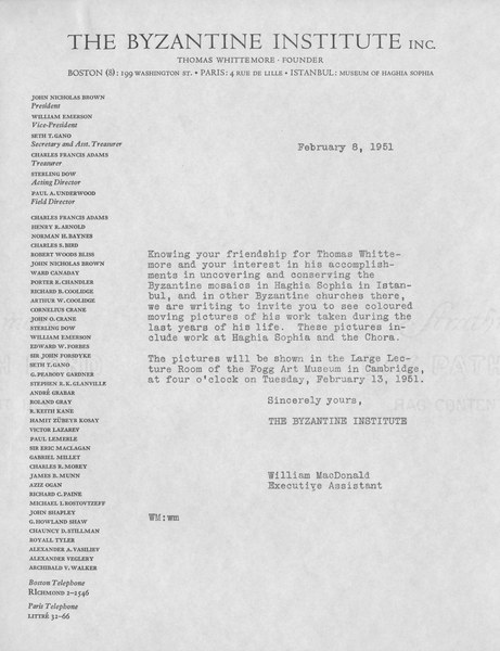 Invitation from the Byzantine Institute, February 8, 1951