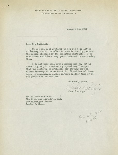 Letter from John Coolidge to William MacDonald, January 15, 1951 