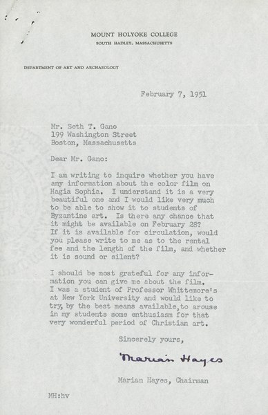 Letter from Marian Hayes to Seth Gano, February 7, 1951