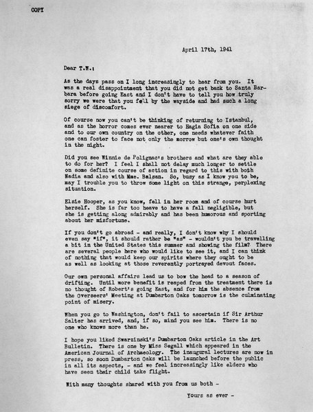 Letter from Mildred Bliss to Thomas Whittemore, April 17, 1941