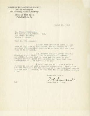 Letter from the American Philosophical Society to Thomas Whittemore, March 16, 1950
