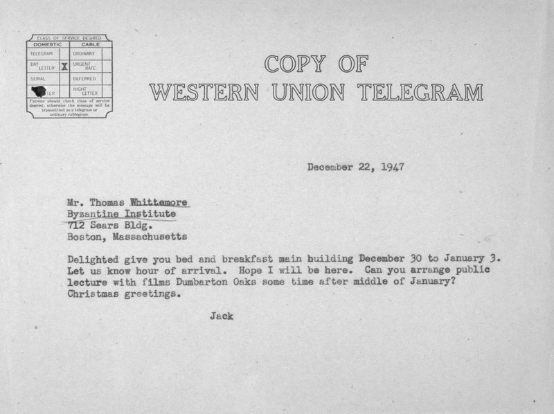 Telegram from John Thacher to Thomas Whittemore, December 22, 1947